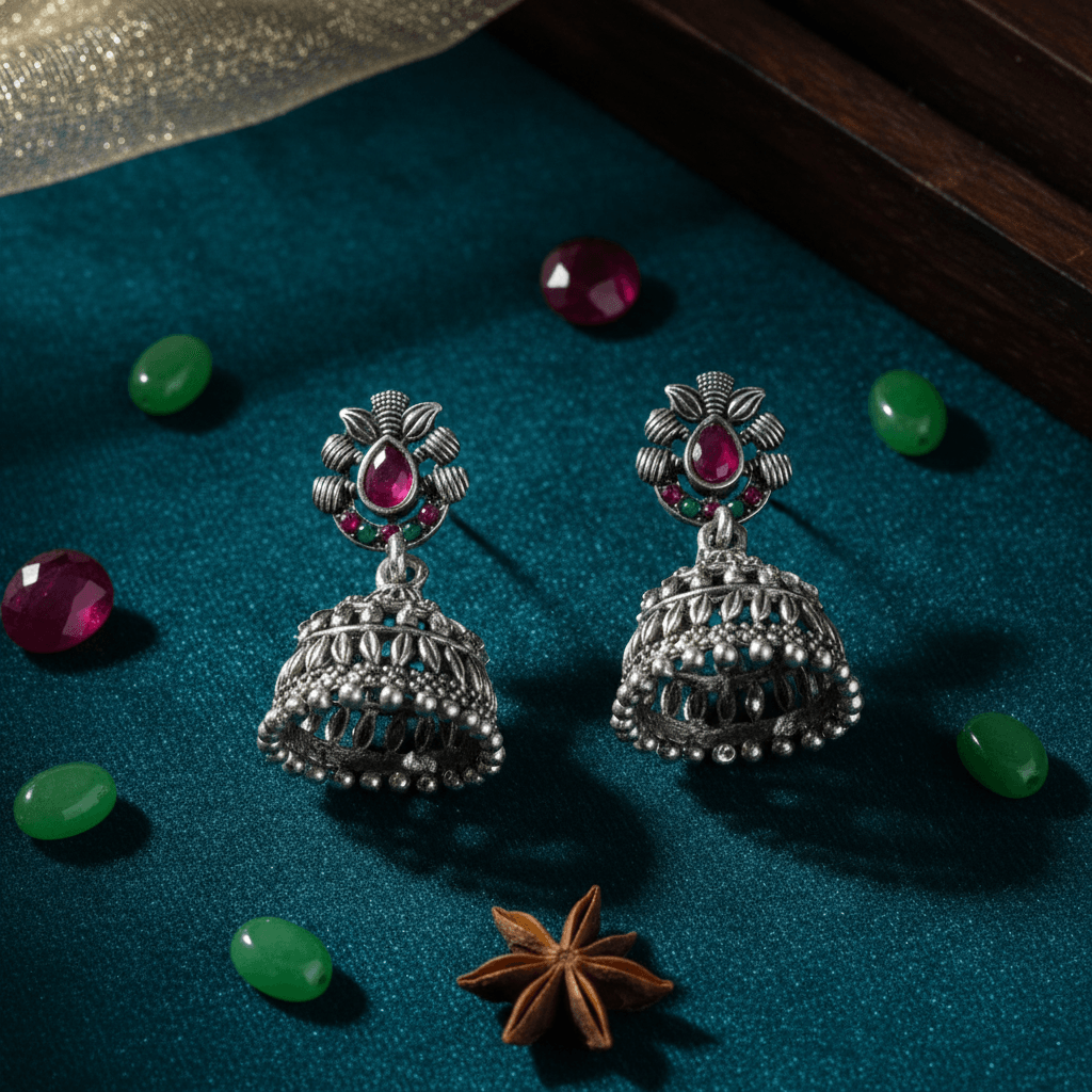 Pink and Green Stone Studded Oxidized Silver Jhumka Earrings - Lifestyle